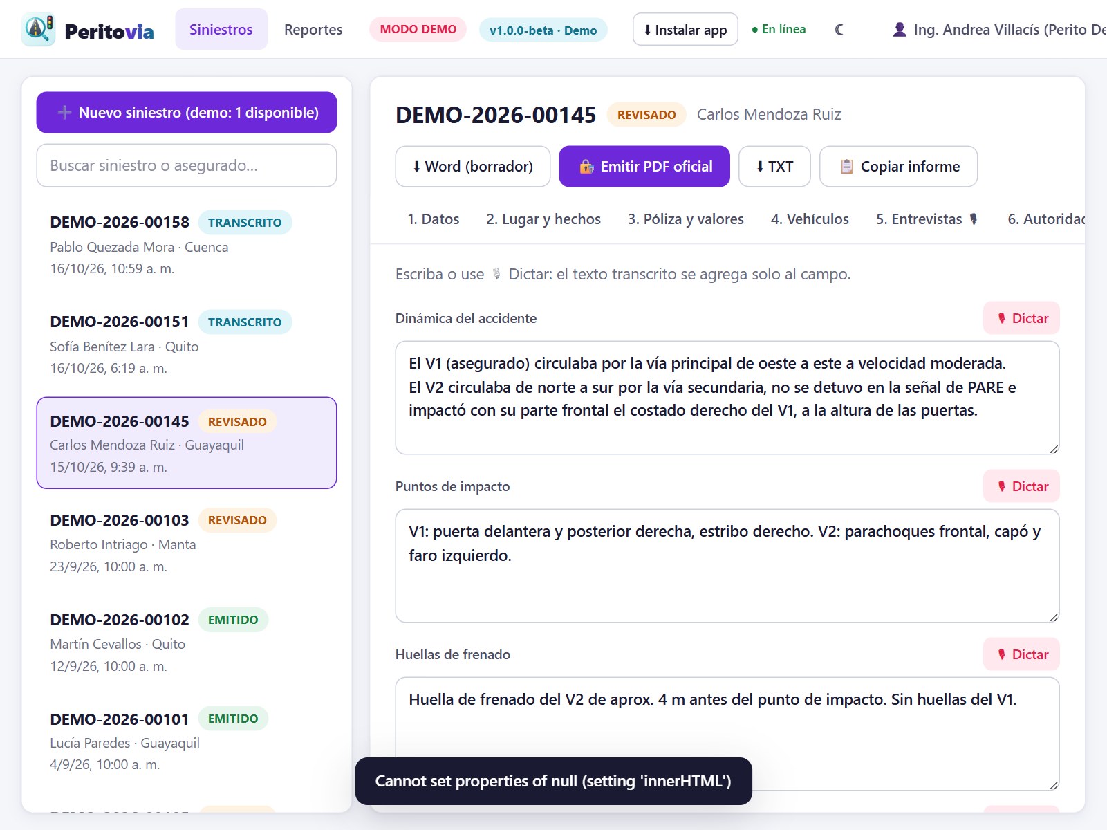 Análisis técnico dictado por voz: dinámica, puntos de impacto y huellas de frenado