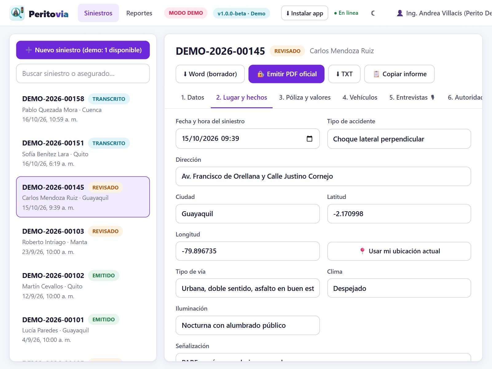 Lugar y hechos: fecha, dirección, coordenadas, vía, clima e iluminación
